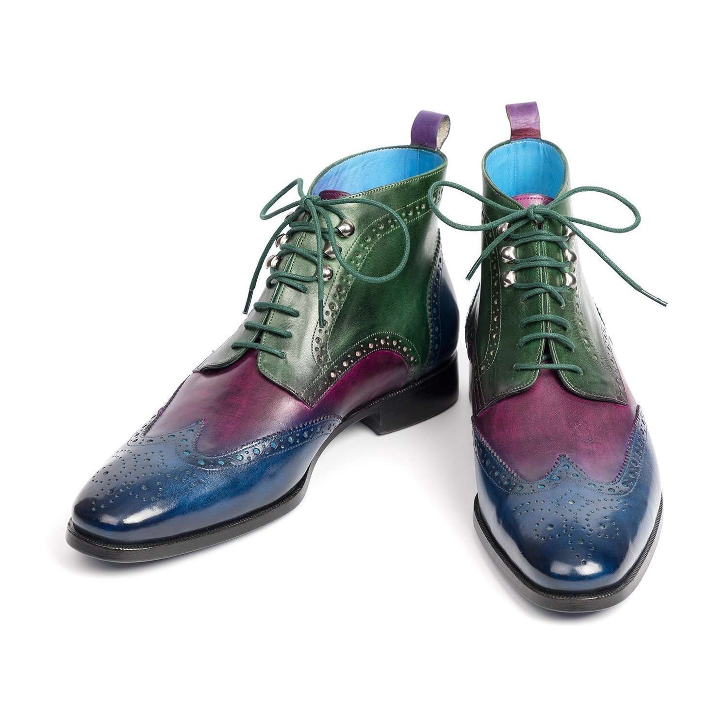 Paul Parkman Handmade Designer Shoes Wingtip Three Tone Blue Purple Green Ankle Boots (PM5600)