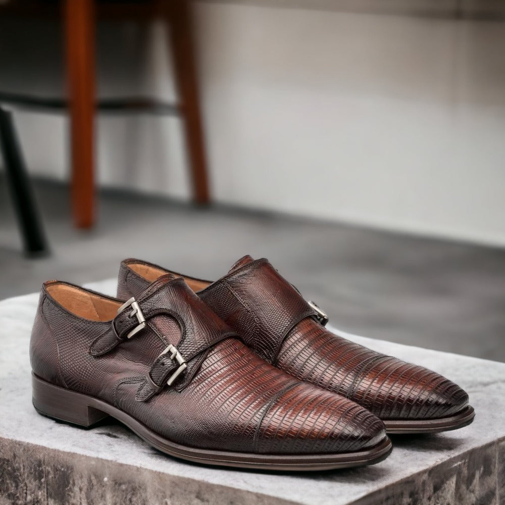 Mezlan Argentum Men's Shoes Cognac Exotic Lizard-Skin Cap-Toe Monk-Straps Loafers (MZS3195)