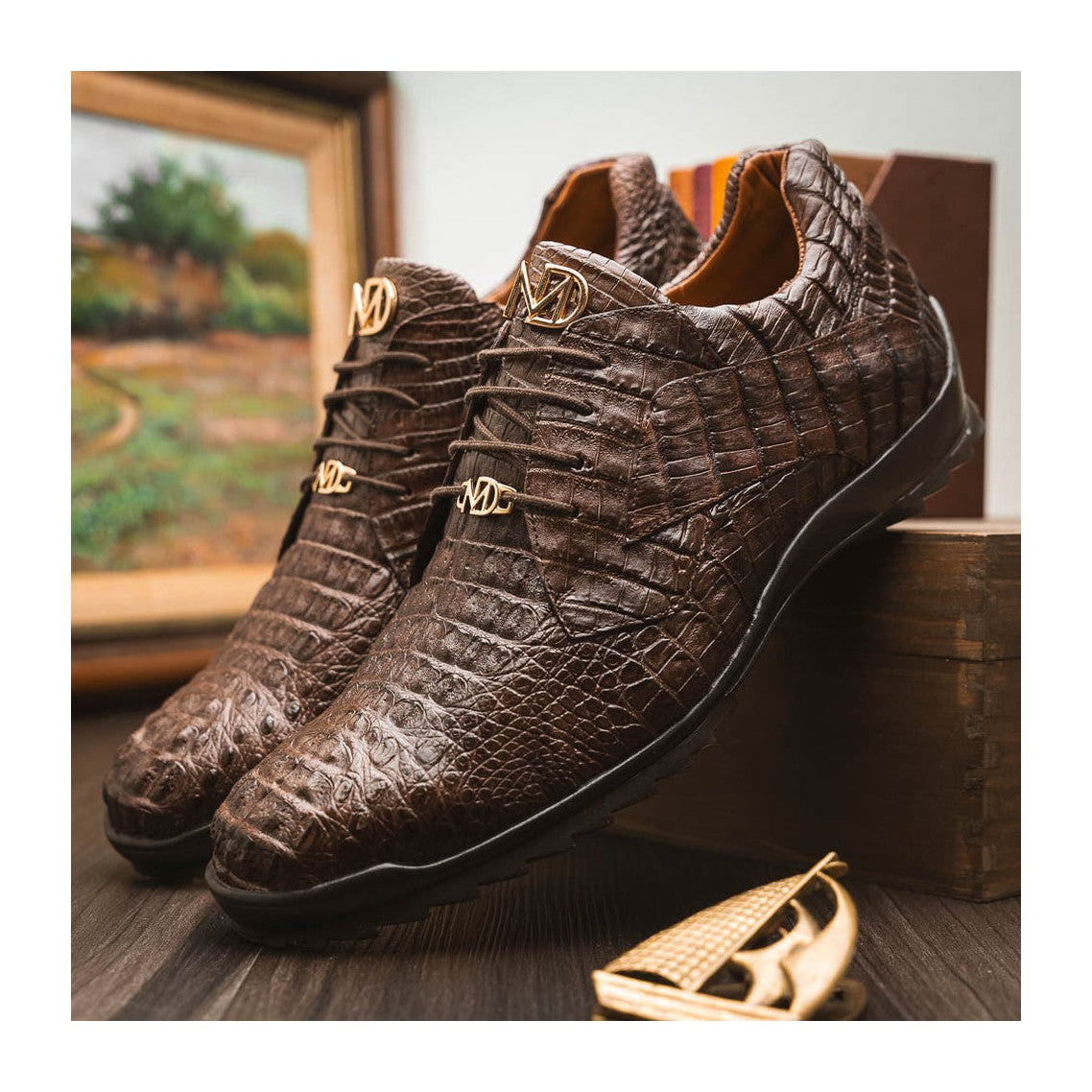 Marco Di Milano Kratos Men's Shoes Brown Exotic Caiman Crocodile Sport Sneakers (MDM1176)