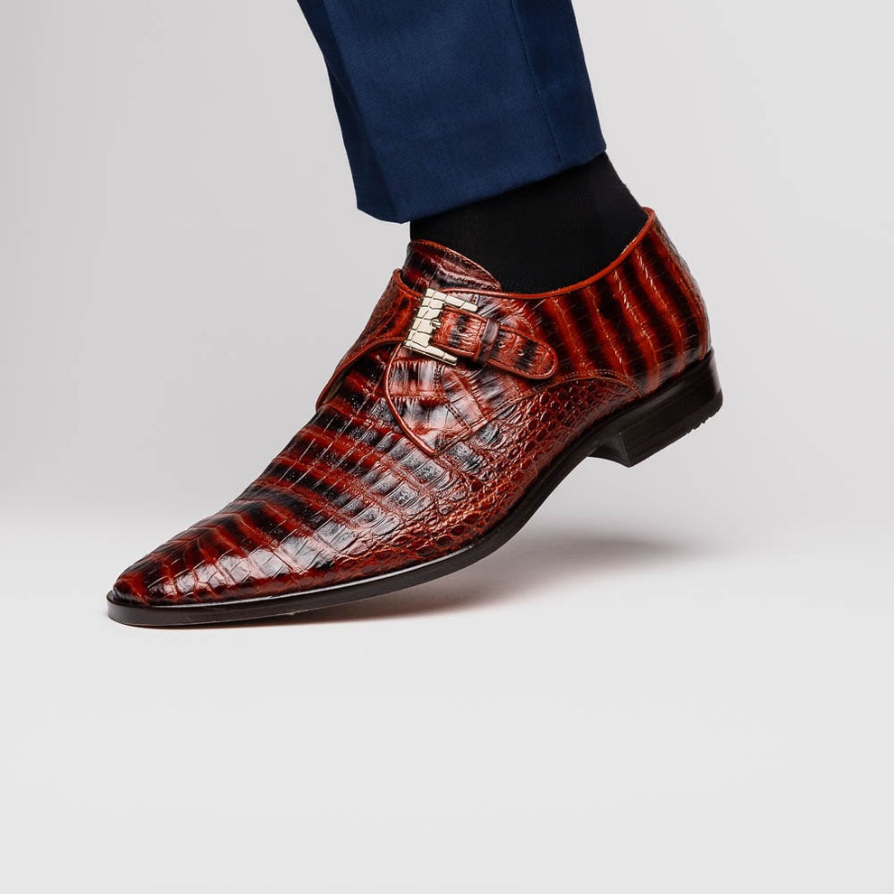 Marco Di Milano Rovigo Men's Shoes Wine Exotic Crocodile Skin Single Monk-Strap Loafers (MDM1000)