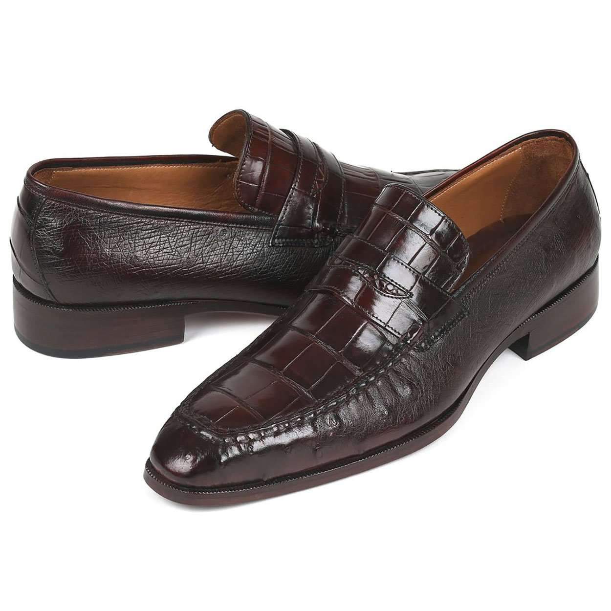 Paul Parkman Men's Brown Crocodile & Ostrich Penny Loafers 19CR11-BRW (PM6106)