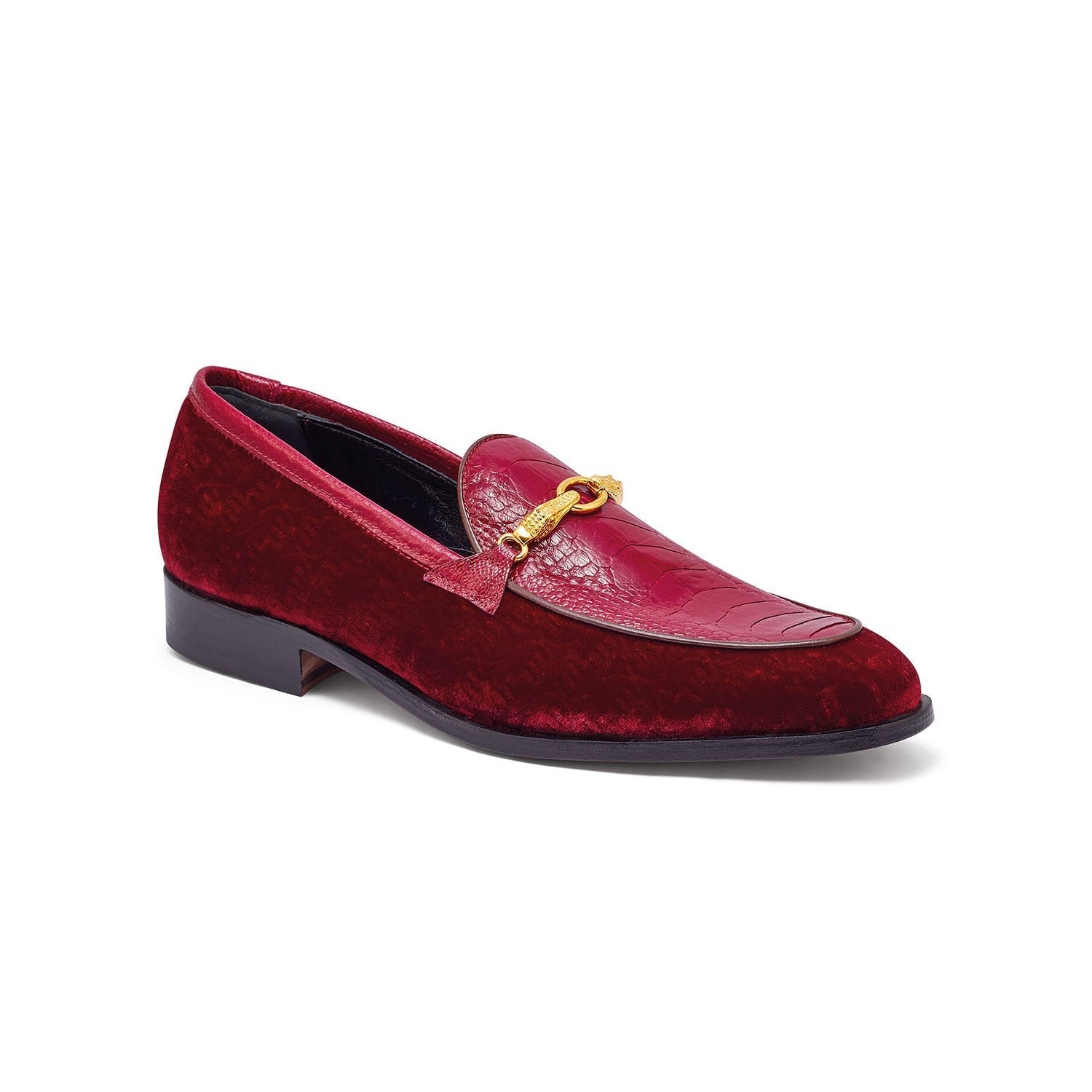Mauri 4932 Baron Men's Shoes Ruby Red Velvet Print / Ostrich Leg Horsebit Loafers (MA5300)