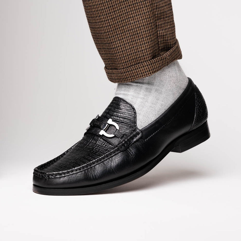 Marco Di Milano Enzo Men's Shoes Black Genuine Lizard Horsebit Loafers (MDM1156)
