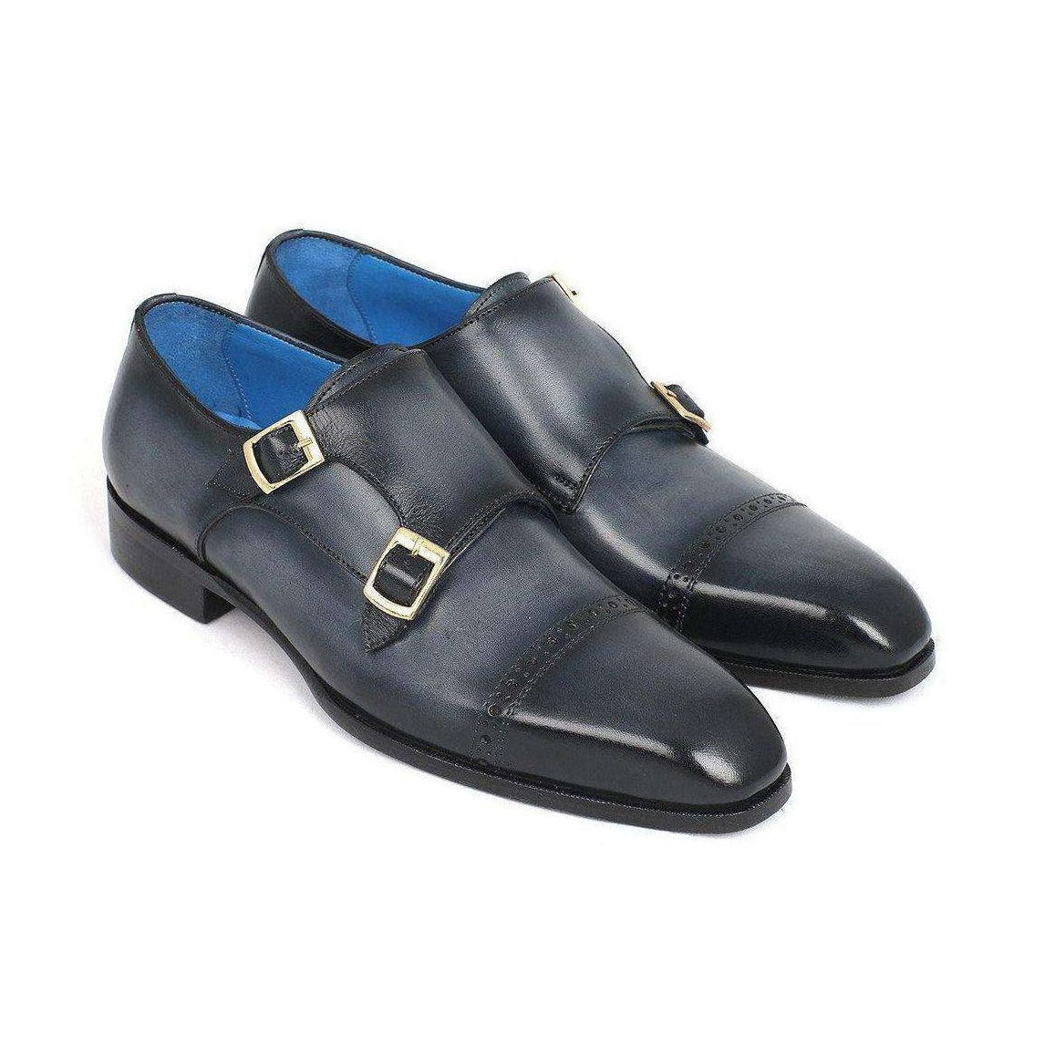 Paul Parkman Handmade Designer Shoes Captoe Double Monkstraps Navy Loafers (PM5460)