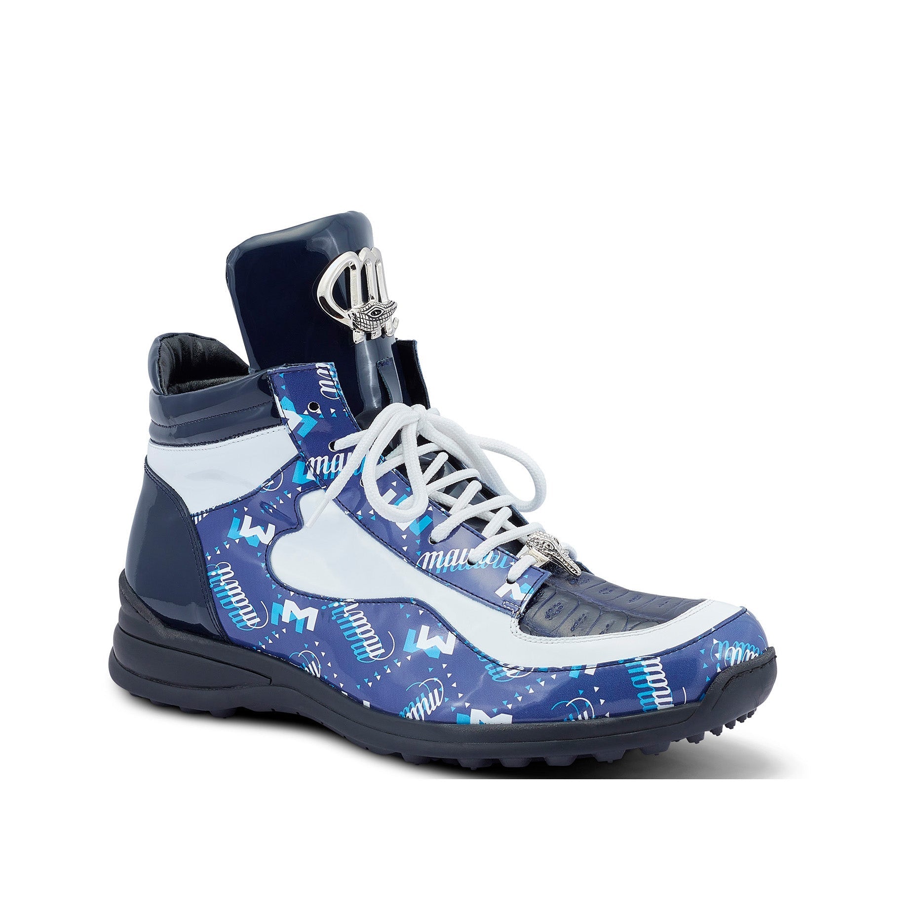 Mauri 8409 Hype Men's Shoes Two-Tone Blue & White Exotic Crocodile / Patent Leather High-Top Sneakers (MA5454)