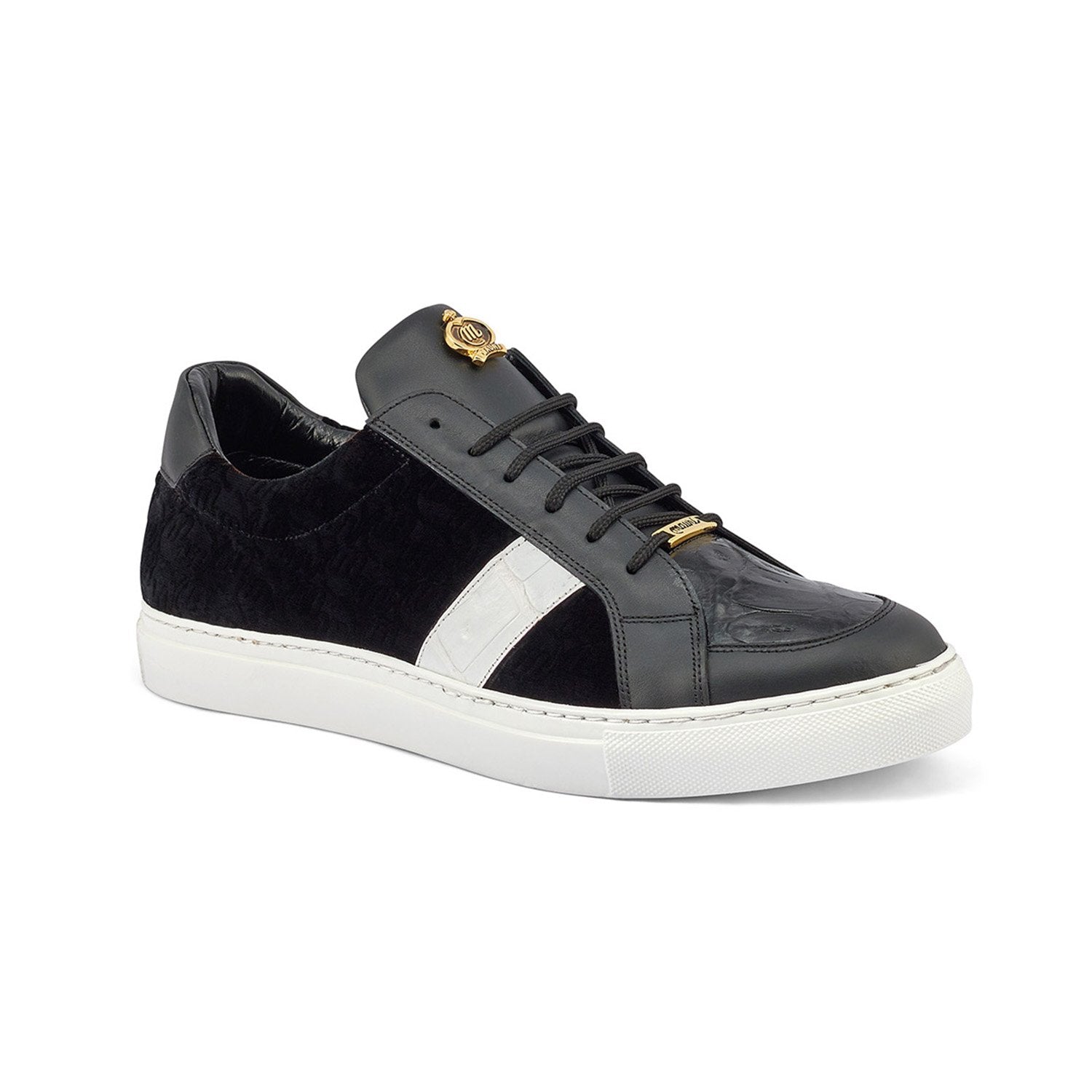 Mauri 8418 Freeze Men's Shoes Black & White Exotic Crocodile / Nappa Leather / Velvet Embossed Casual Sneakers (MA5357)