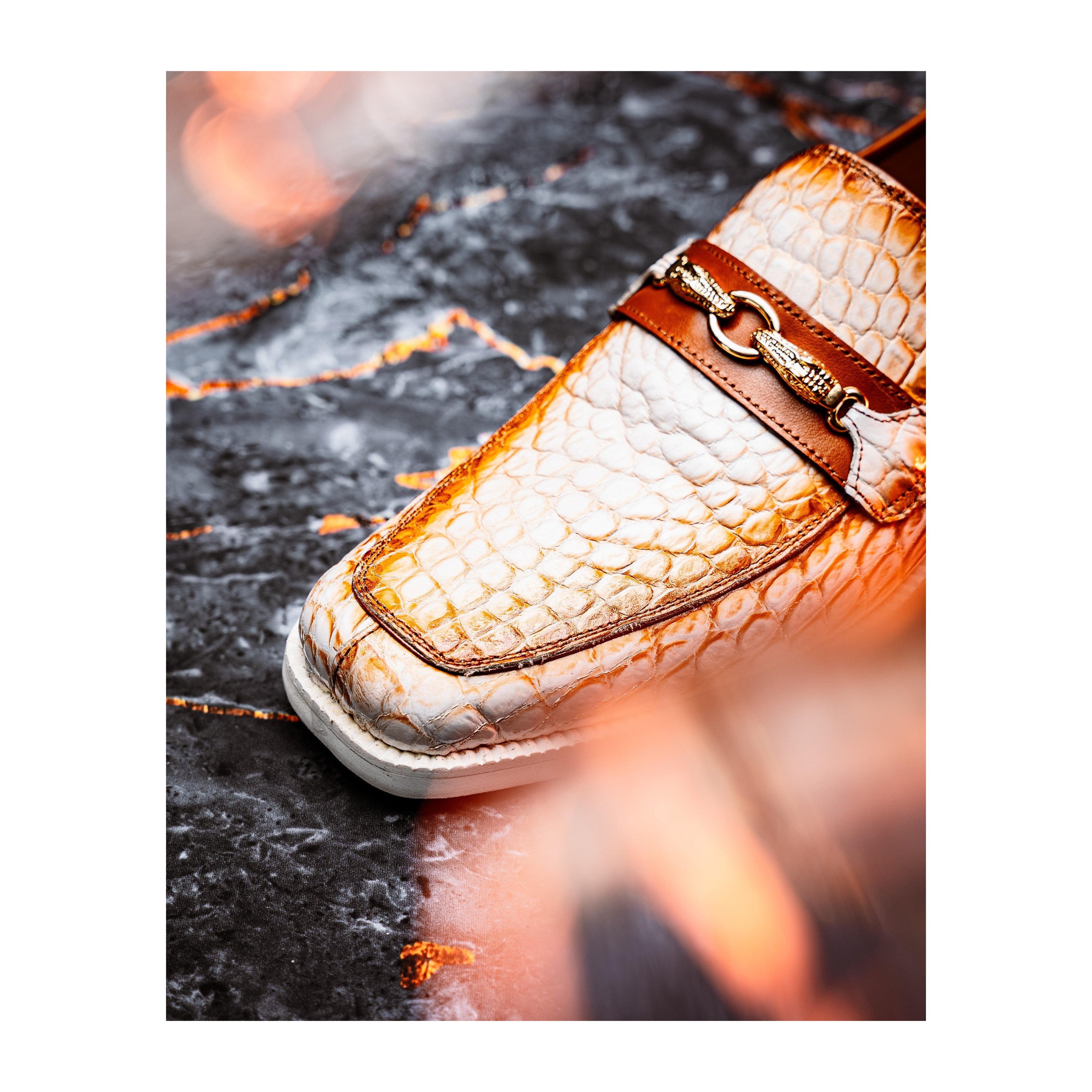 Mauri Debonair 4894-7 Men's Shoes White with Cognac Finished Exotic Alligator / Nappa Leather Horsebit Loafers (MA5596)