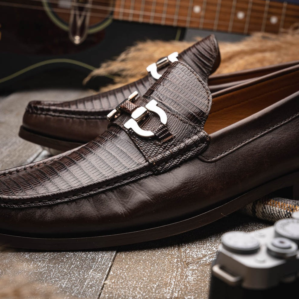 Marco Di Milano Enzo Men's Shoes Black Genuine Lizard Horsebit Loafers (MDM1156)