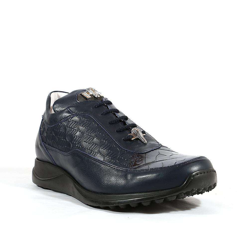 Mauri Designer Shoes 8900/2 Italian Men's Designer Shoes King Nappa Embossed / Croco Wonder Blue Sneakers (MA1107)