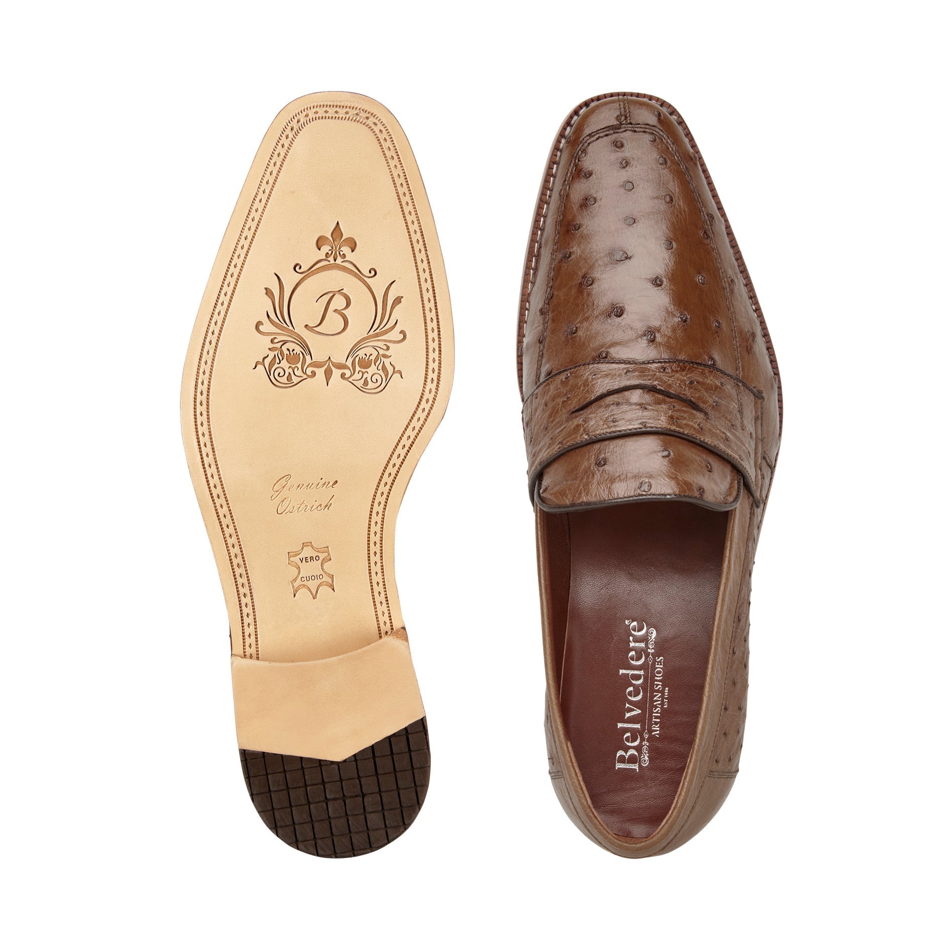 Belvedere Espada 02440 Men's Shoes Tabacco Exotic Genuine Ostrich Split-Toe Penny Loafers (BV3154)