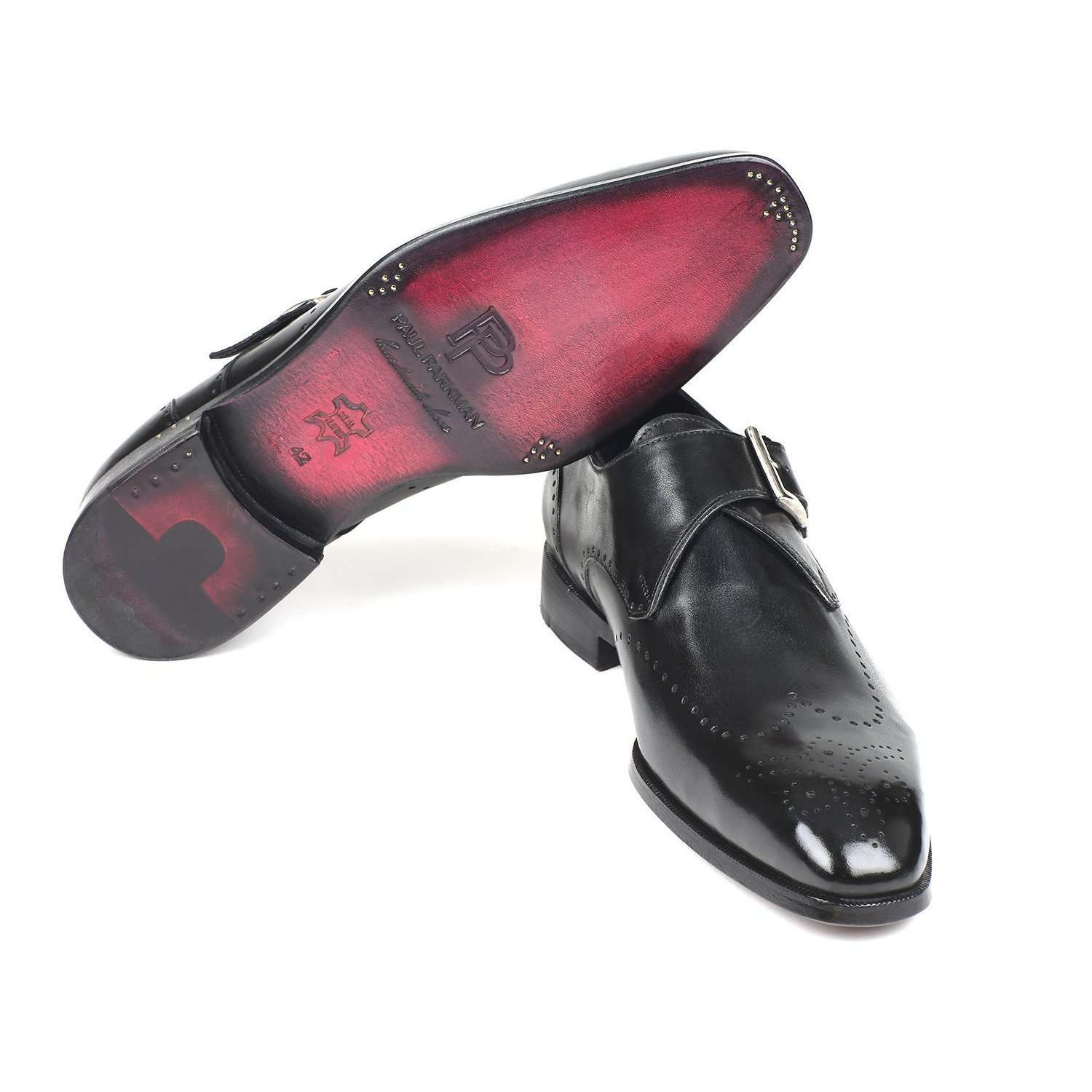 Paul Parkman Handmade Designer Shoes Wingtip Single Monkstraps Black Loafers (PM5856)