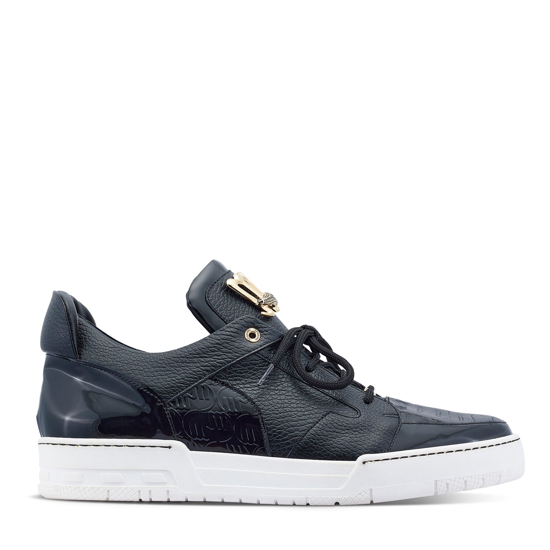 Mauri 8412/1 Boss Men's Shoes Black Exotic Crocodile / Patent / Calf-Skin Leather Casual Sneakers (MA5444)