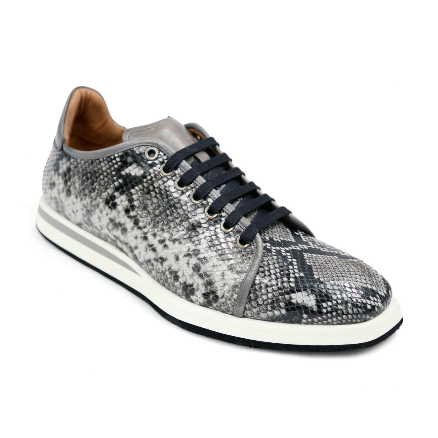 Ambrogio Men's Shoes White & Gray Snake-Print Leather Casual Sneakers (AMZ1008)
