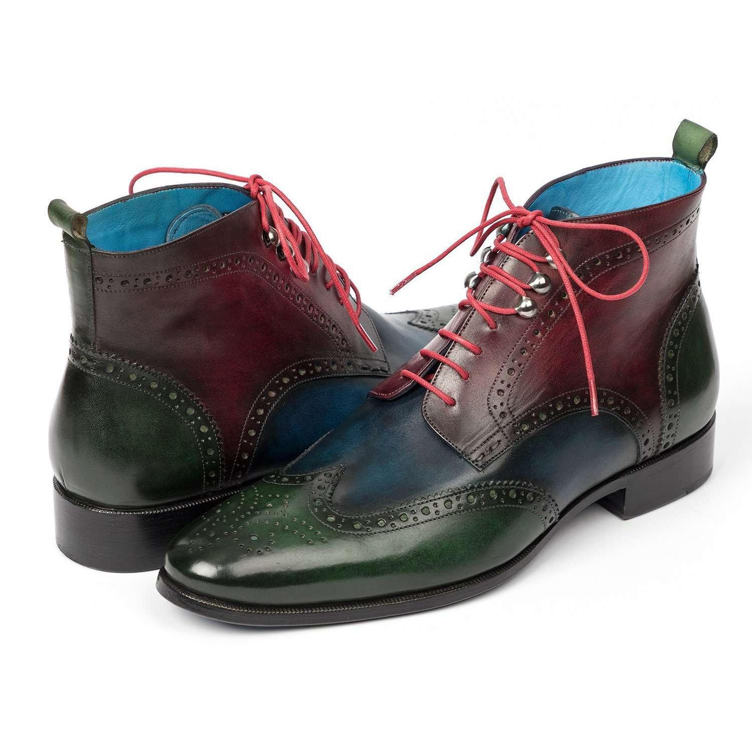 Paul Parkman Handmade Designer Shoes Wingtip Three Tone Green Blue Bordeaux Ankle Boots (PM5611)