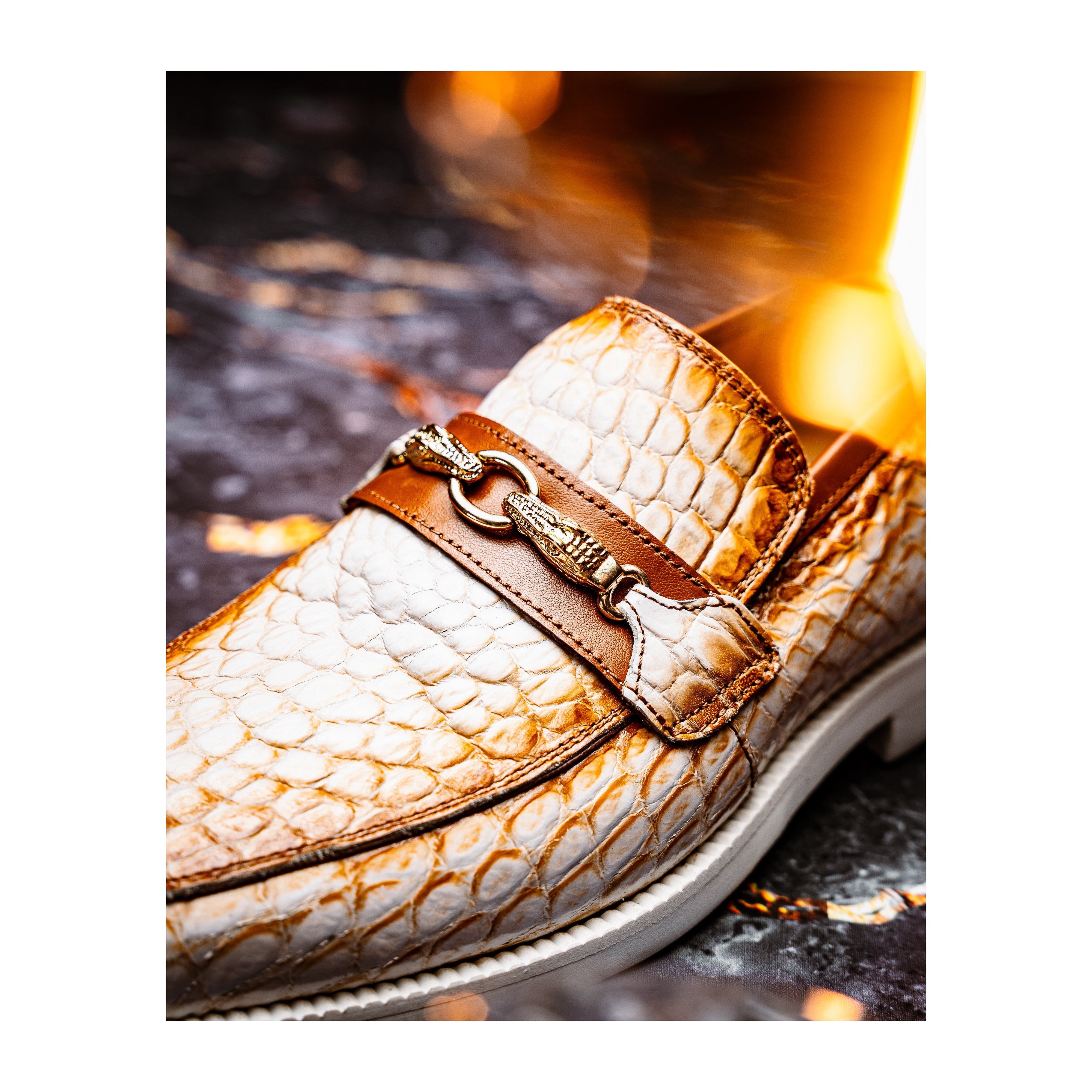 Mauri Debonair 4894-7 Men's Shoes White with Cognac Finished Exotic Alligator / Nappa Leather Horsebit Loafers (MA5596)