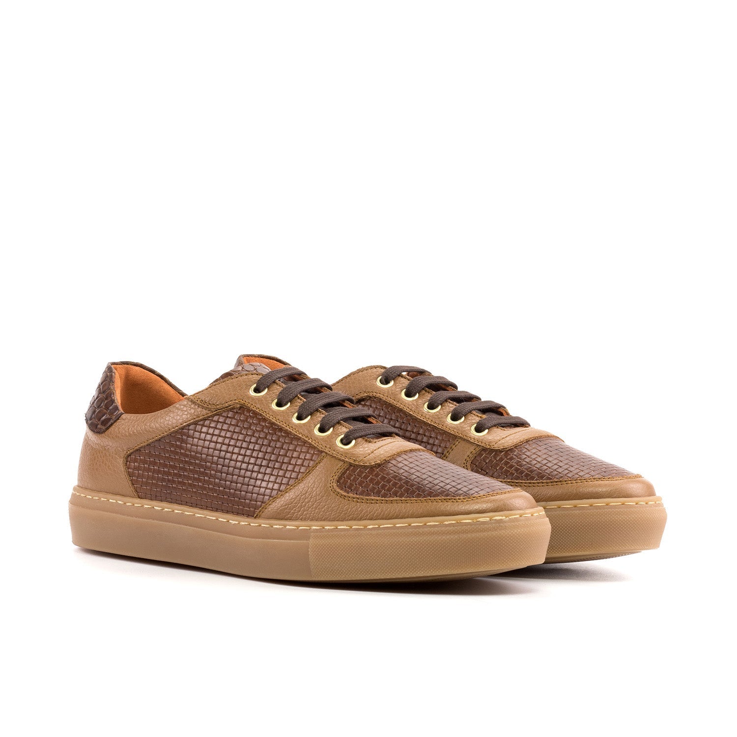 Ambrogio Bespoke Men's Shoes Two Tone Brown Crocodile Print / Woven and Pebbled Leather Trainer Sneakers (AMB2521)
