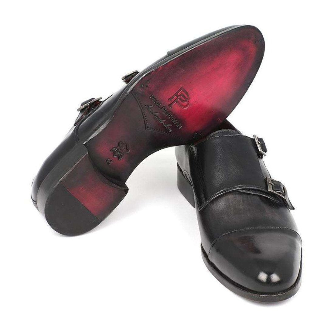 Paul Parkman Handmade Designer Shoes Men's Handmade Designer Shoes Cap-toe Double Monkstraps Gray Black Loafers (PM5220)