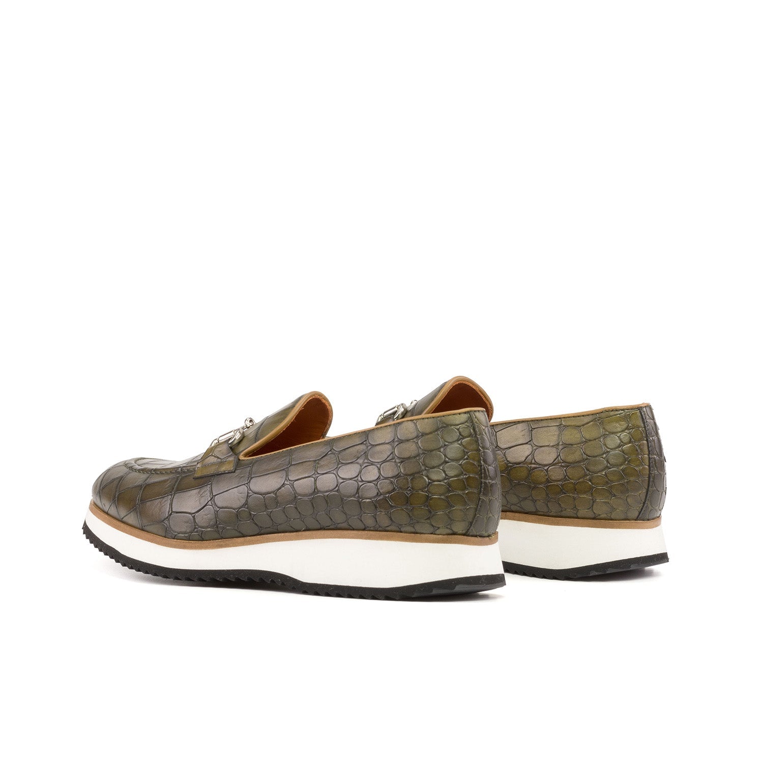 Ambrogio Bespoke Men's Shoes Olive Crocodile Print Leather Horsebit Loafers (AMB2273)