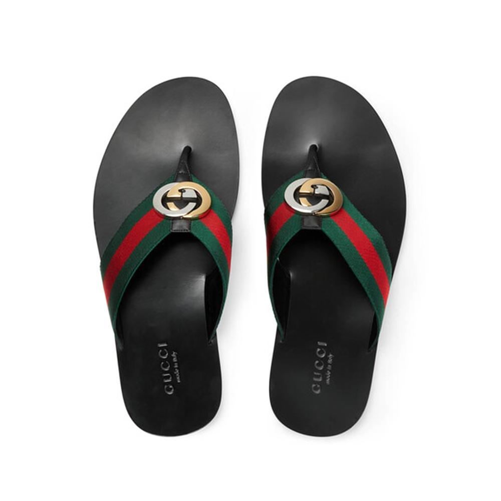 Gucci 630307 H9020 8476 Men's Shoes Black, Red & Green Calf-Skin leather / Fabric Sandals (GGM1722)