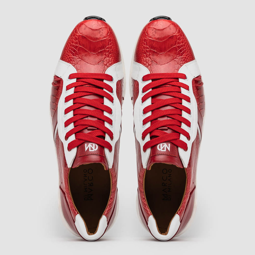 Marco Di Milano Lyon Men's Shoes Red & White Calf-Skin / Ostrich Casual Sneakers (MDM1072)