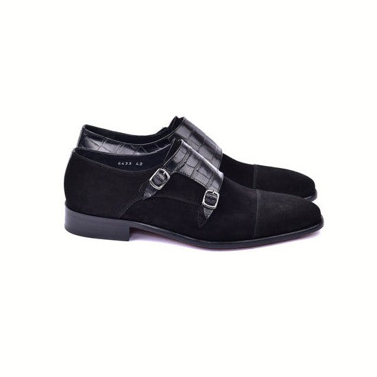 Corrente C00017-6433 Men's Shoes Black Crocodile Print / Suede Leather Double Monk-Straps Loafers (CRT1490)