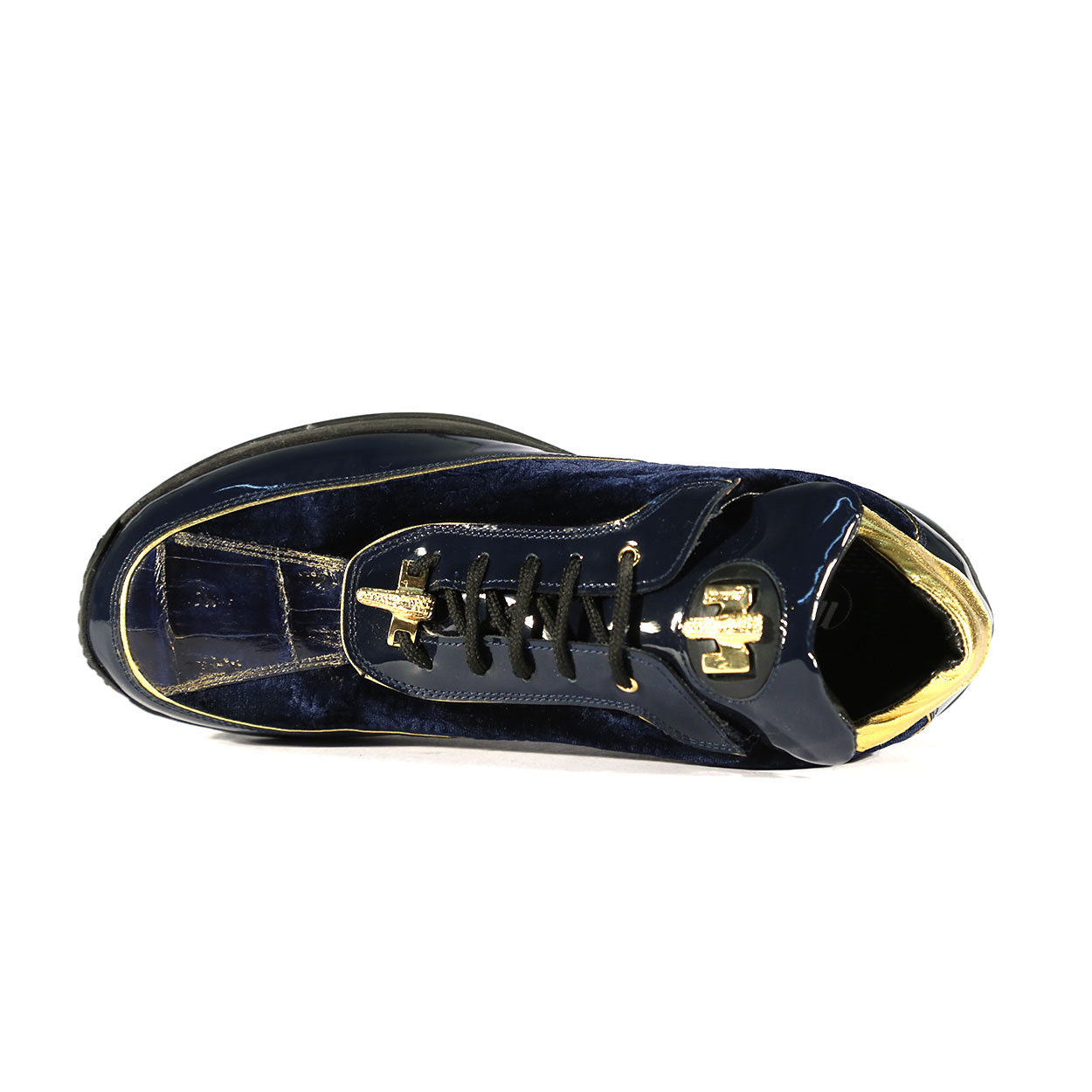 Mauri 8420 Bubble Men's Shoes Gold & Wonder Blue Exotic Crocodile / Velvet / Patent Leather Casual Sneakers (MAS5411)