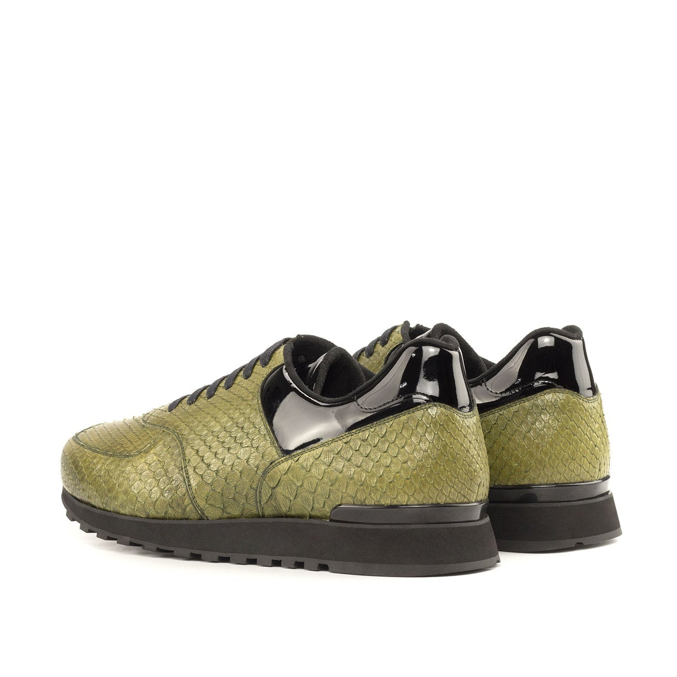 Ambrogio Bespoke Men's Shoes Black & Olive Exotic Python / Patent Leather Jogger Sneakers (AMB2258)