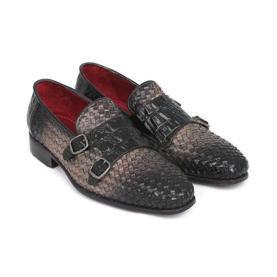 Paul Parkman Handmade Designer Shoes Gray Woven & Croc Embossed Monkstraps Loafers (PM5457)