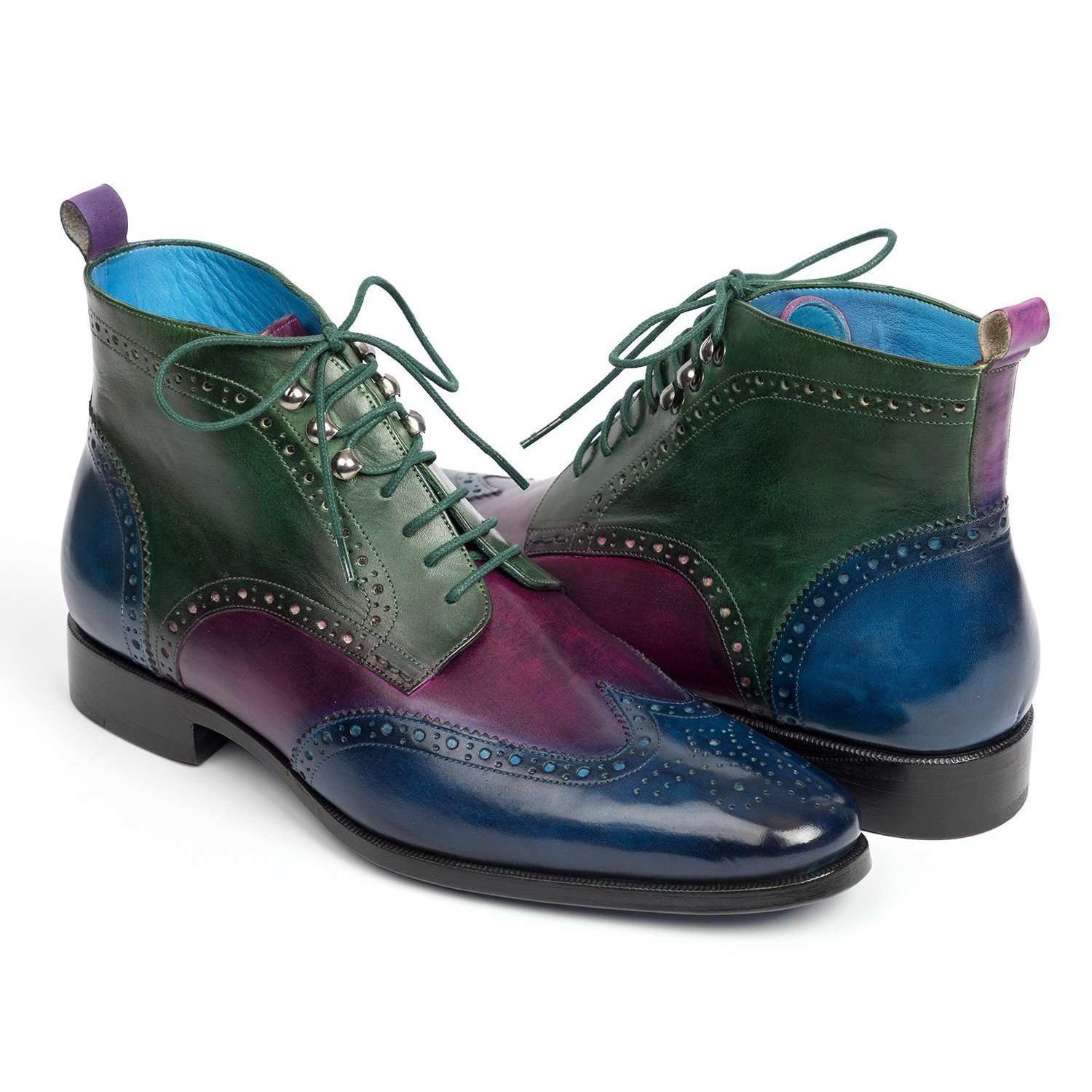 Paul Parkman Handmade Designer Shoes Wingtip Three Tone Blue Purple Green Ankle Boots (PM5600)