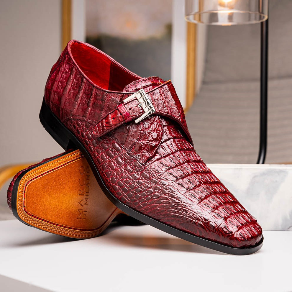 Marco Di Milano Rovigo Men's Shoes Wine Exotic Crocodile Skin Single Monk-Strap Loafers (MDM1000)