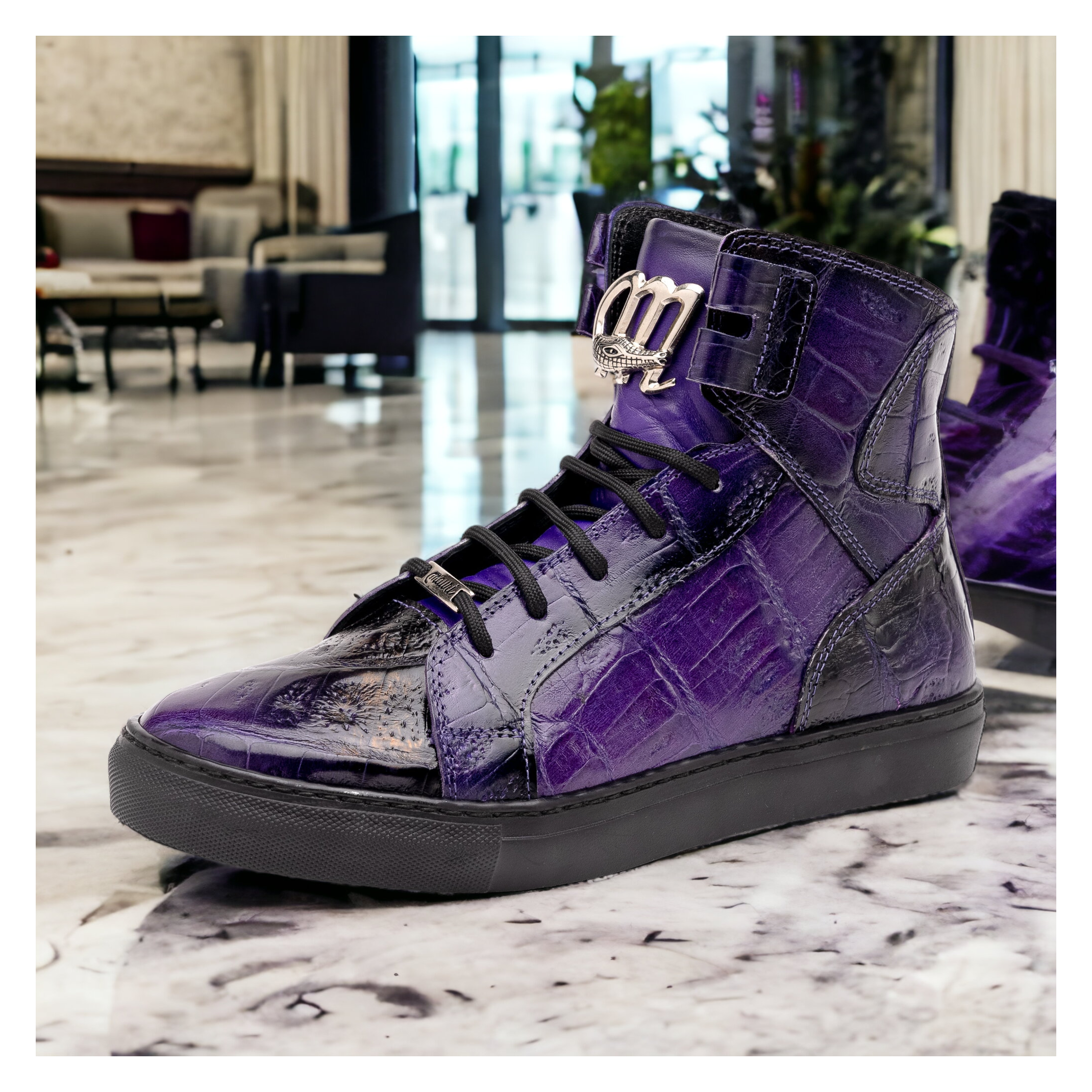 Mauri Golden Boy 6129-1 Men's Shoes New Grape with Black Finished Exotic Crocodile / Nappa Leather High-Top Sneakers (MA5574)