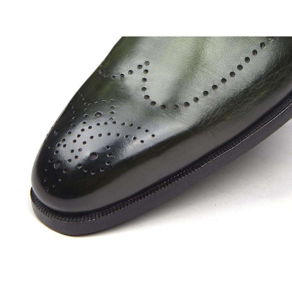 Paul Parkman Handmade Designer Shoes Men's Wingtip Single Monkstraps Green Loafers (PM5513)