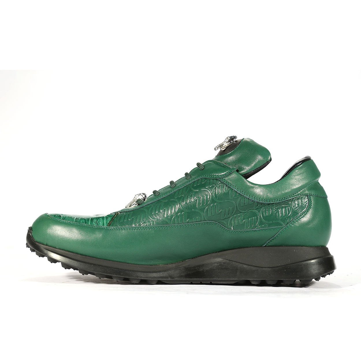 Mauri 8900/2 Italian Men's Designer Shoes Green Exotic Crocodile / King Nappa Embossed Casual Sneakers (MAS5282)