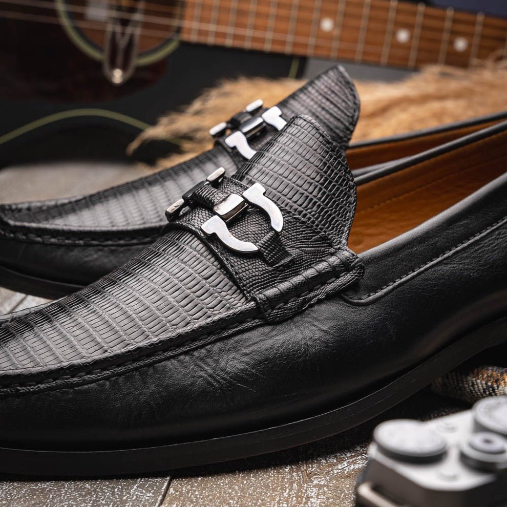 Marco Di Milano Enzo Men's Shoes Black Genuine Lizard Horsebit Loafers (MDM1156)