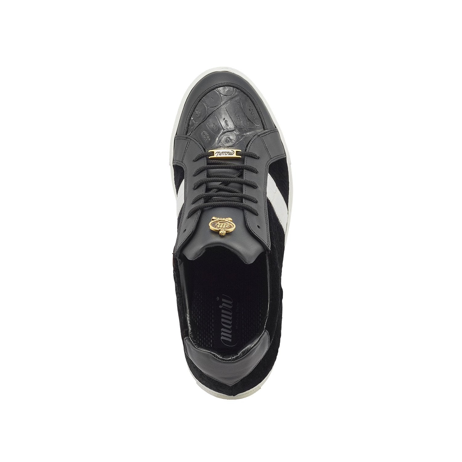 Mauri 8418 Freeze Men's Shoes Black & White Exotic Crocodile / Nappa Leather / Velvet Embossed Casual Sneakers (MA5357)