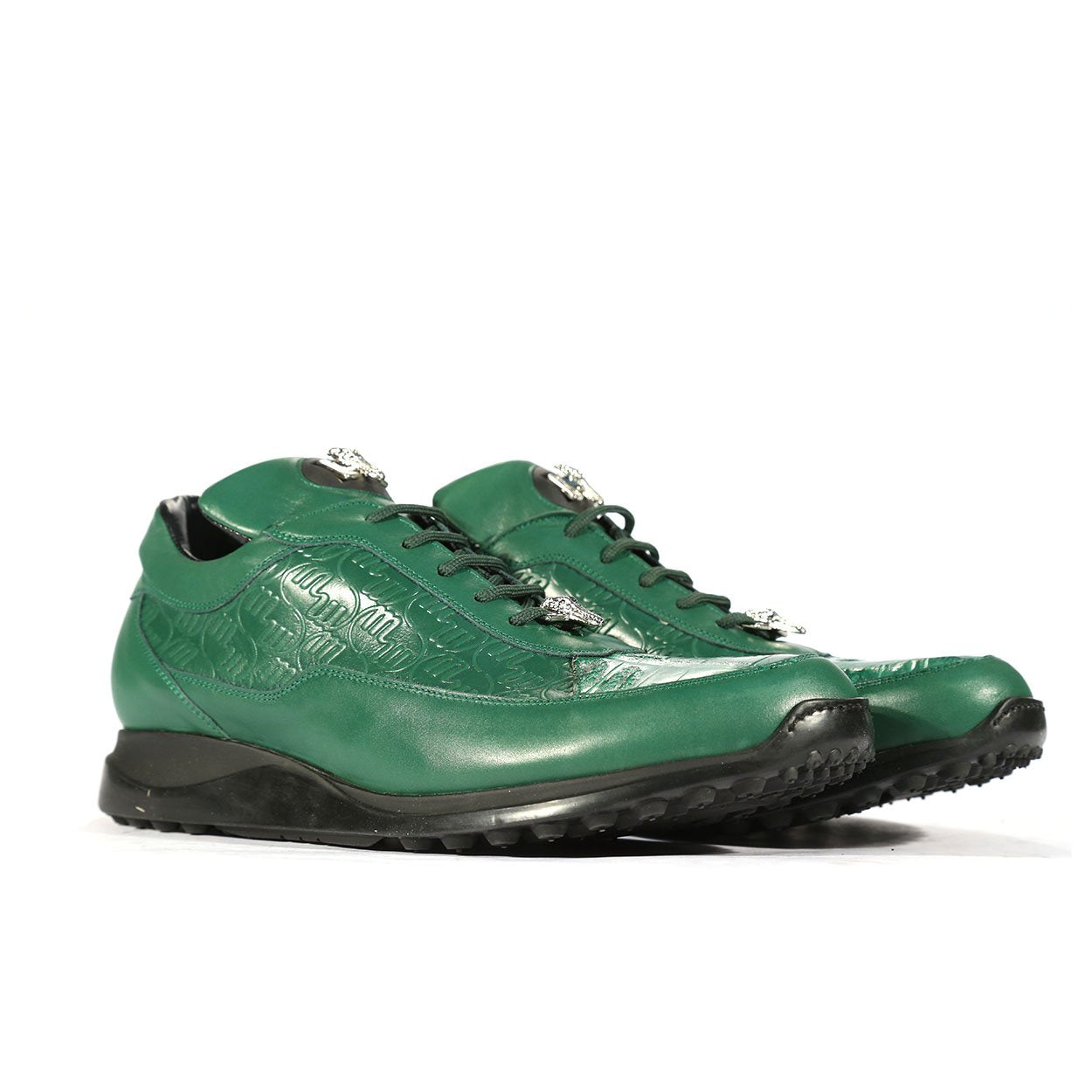 Mauri 8900/2 Italian Men's Designer Shoes Green Exotic Crocodile / King Nappa Embossed Casual Sneakers (MAS5282)