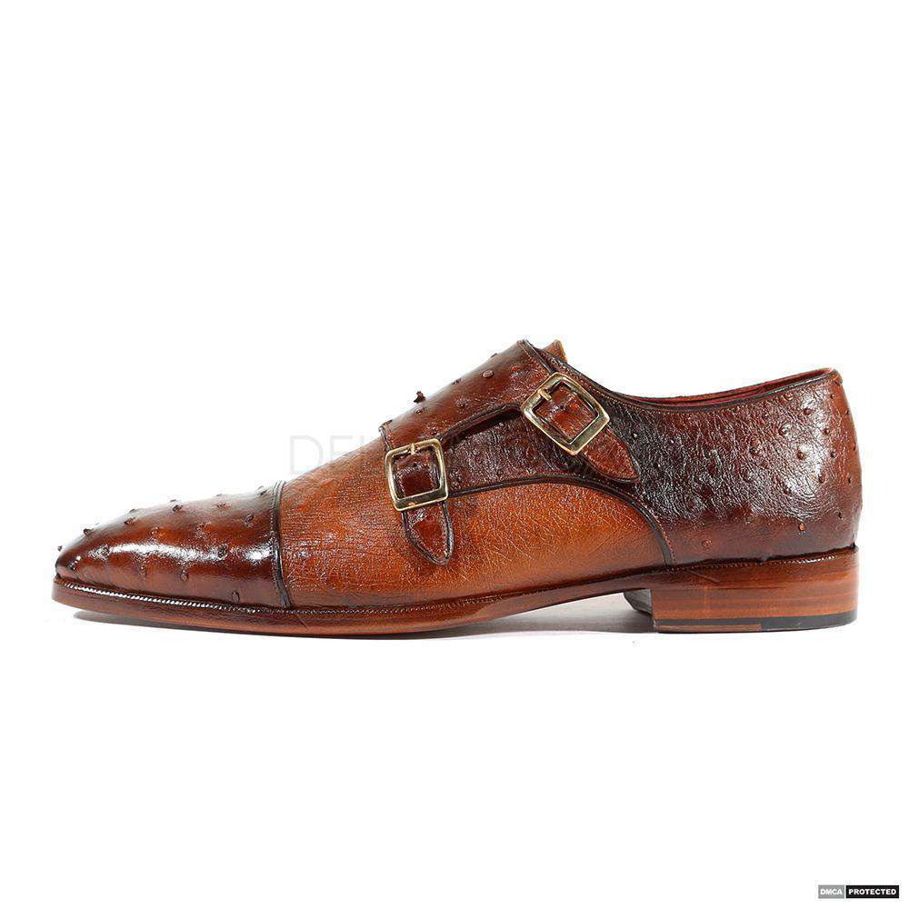 Paul Parkman Handmade Designer Shoes Men's Handmade Ostrich Double Monkstrap Brown & Tobacco Loafers (PM1102)