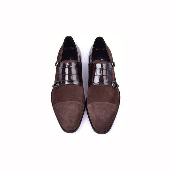 Corrente C00016-6433 Men's Shoes Brown Crocodile Print / Suede Leather Double Monk-Straps Loafers (CRT1489)