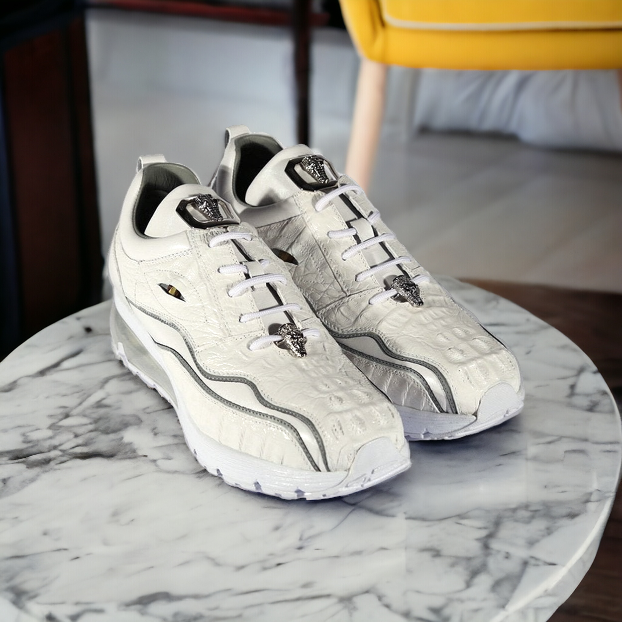 Belvedere E04 Rexy Men's Shoes White Exotic Crocodile / Calf-Skin Leather Eyes Casual Tennis Sneakers (BVS3032)