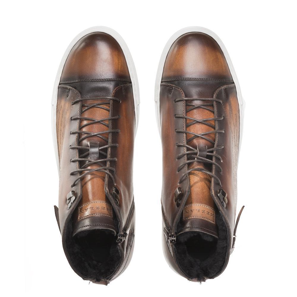 Mezlan A20044 Men's Shoes Cognac Patina Leather Etched Hi-Top Sneakers (MZS3416)