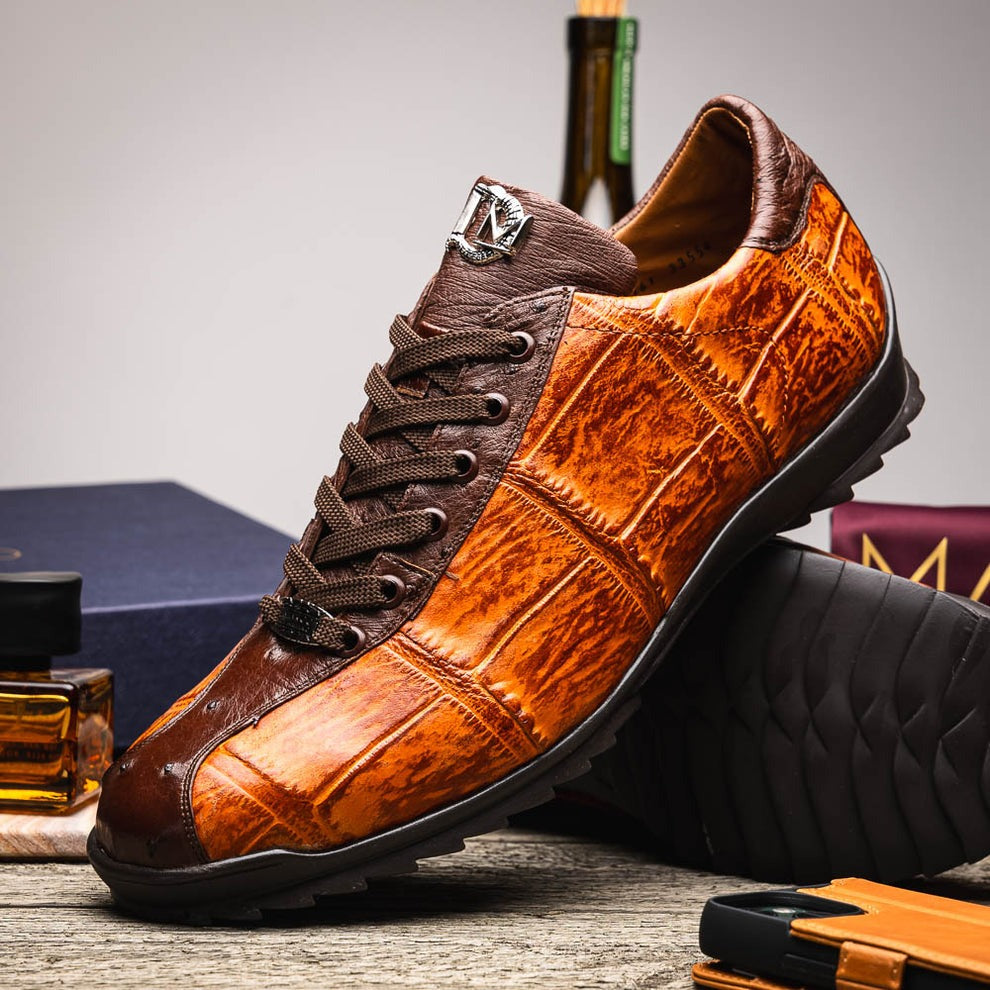 Marco Di Milano Saulo Men's Shoes Green & Cognac Exotic Ostrich / Alligator Casual Sneakers (MDM1045)
