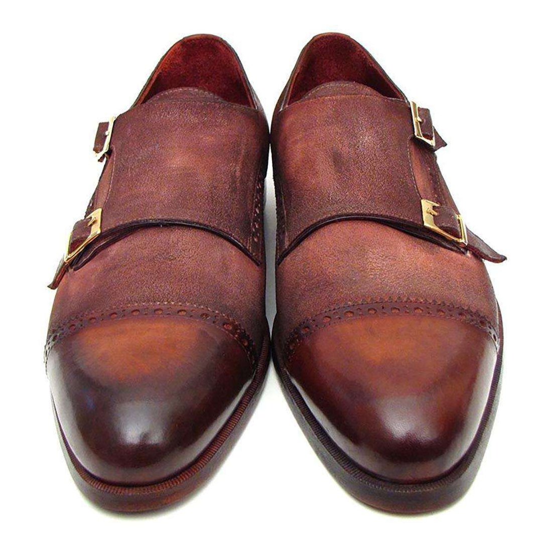 Paul Parkman Handmade Designer Shoes Men's Handmade Designer Shoes Captoe Double Monkstraps Suede Antique Brown Loafers (PM4025)
