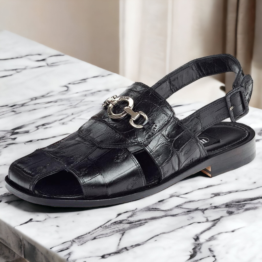 Mauri 1880 Men's Italian Shoes Black Exotic Crocodile Sandals (MA4502)