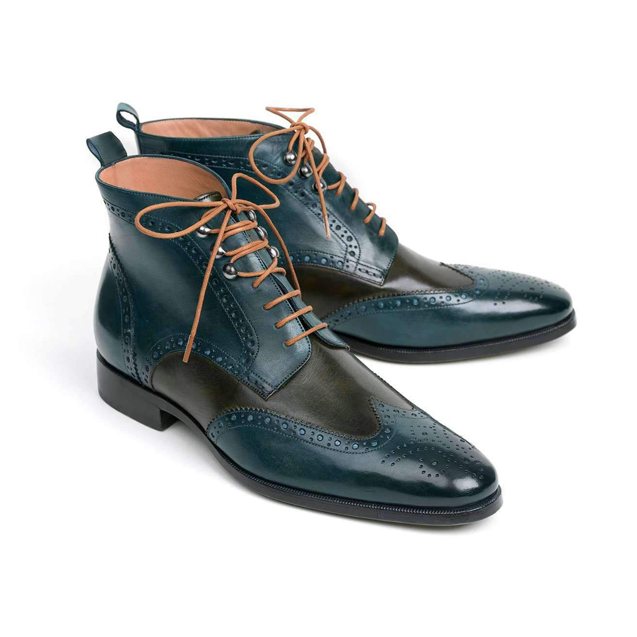 Paul Parkman Men's Green and Blue Calf-Skin Leather Wing Tip Ankle Boots PT777GRN (PM6139)