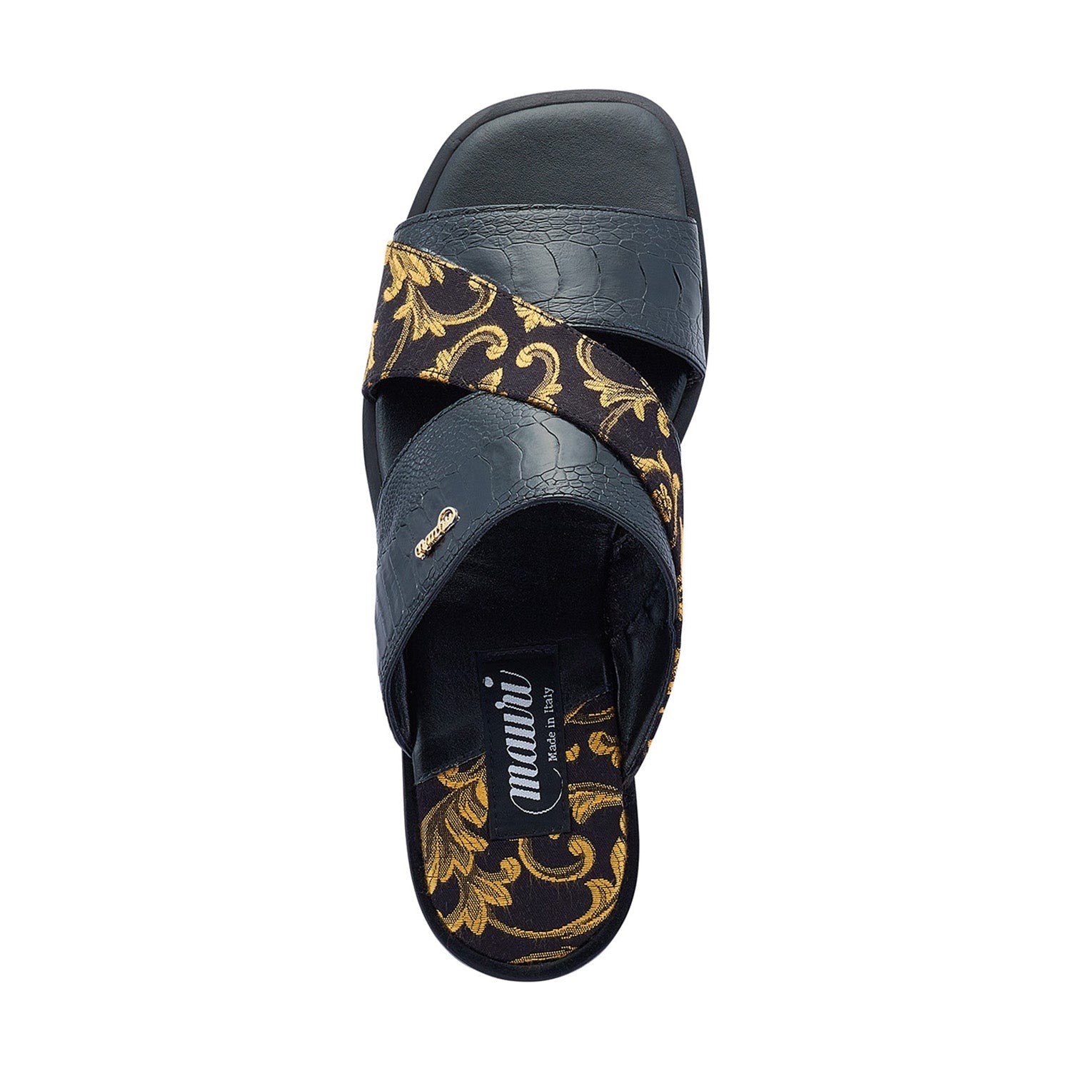 Mauri 5140 Cancun Men's Shoes Black Exotic Ostrich Leg / Gobelins Fabric Slip-On Sandals (MA5417)