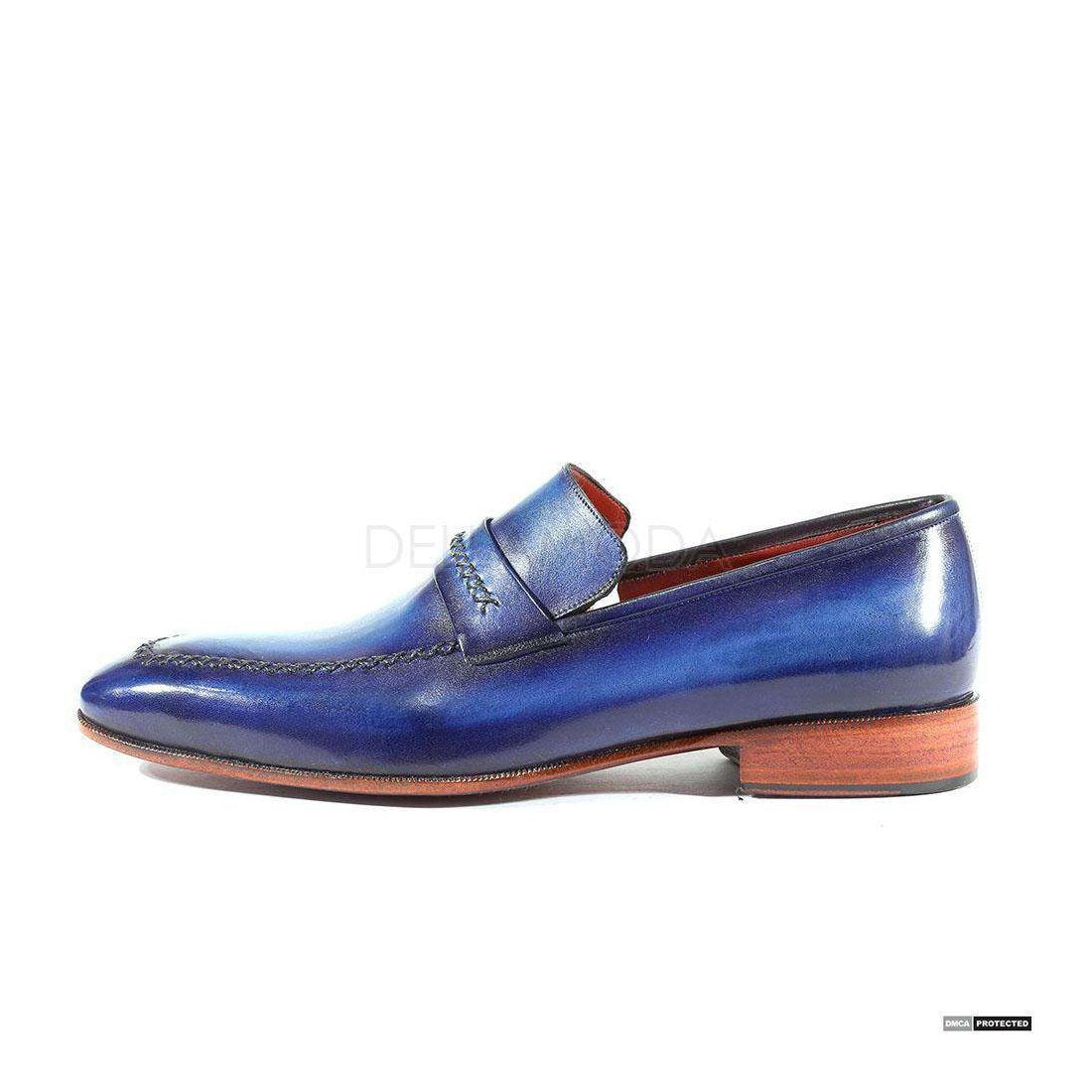 Paul Parkman Handmade Designer Shoes Handmade Men's Designer Shoes Stitched Hand-Painted Navy / Blue Loafers (PM1002)