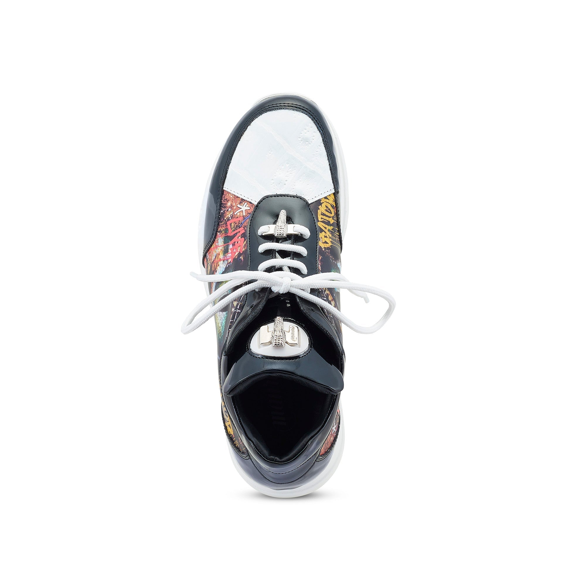 Mauri Solace 8741/2 Men's Shoes Black & White Exotic Crocodile / Patent / Calf-Skin Leather Casual Sneakers (MA5548)