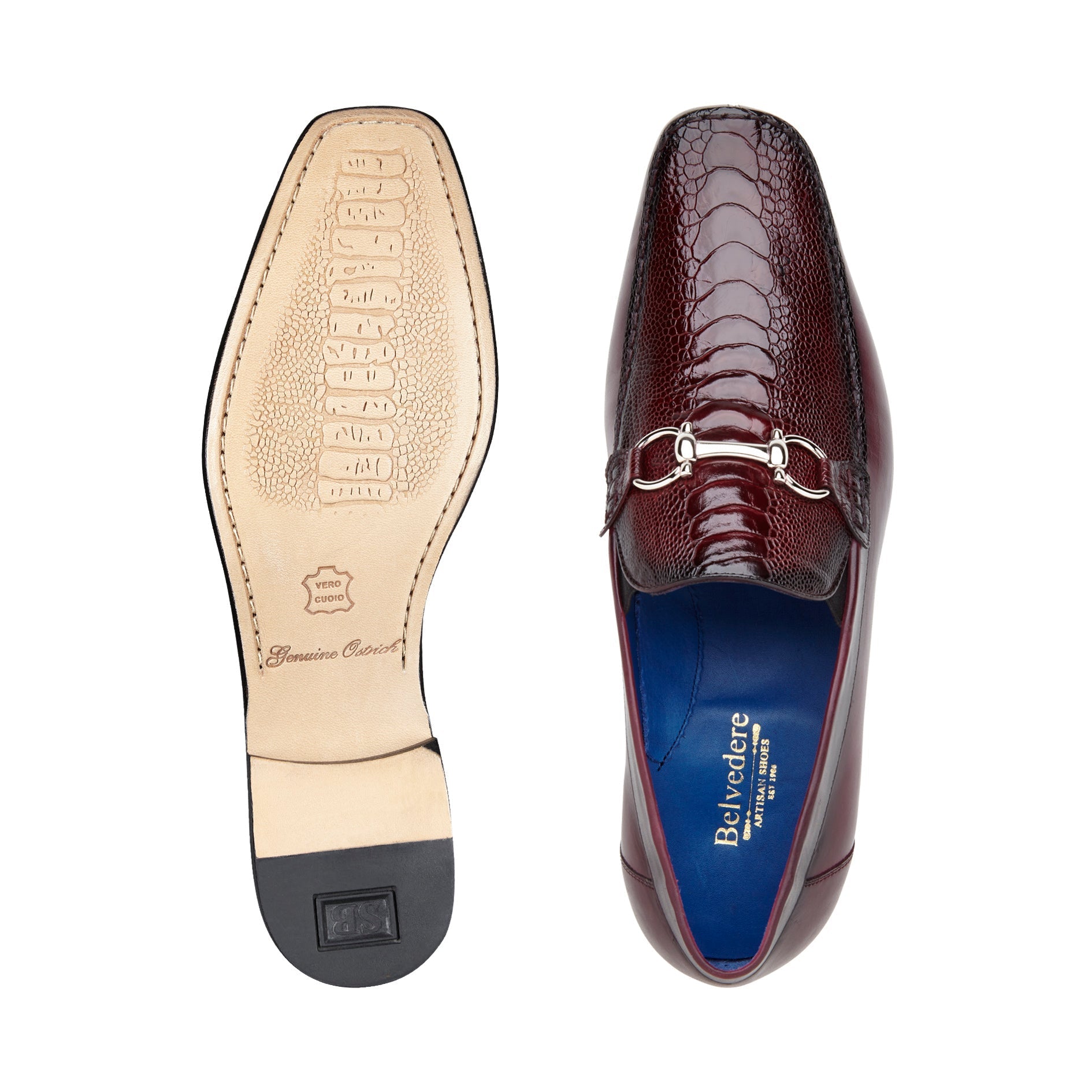 Belvedere Bruno 1026 Men's Shoes Dark Burgundy Exotic Ostrich / Calf-Skin Leather Horsebit Split-Toe Loafers (BV3073)