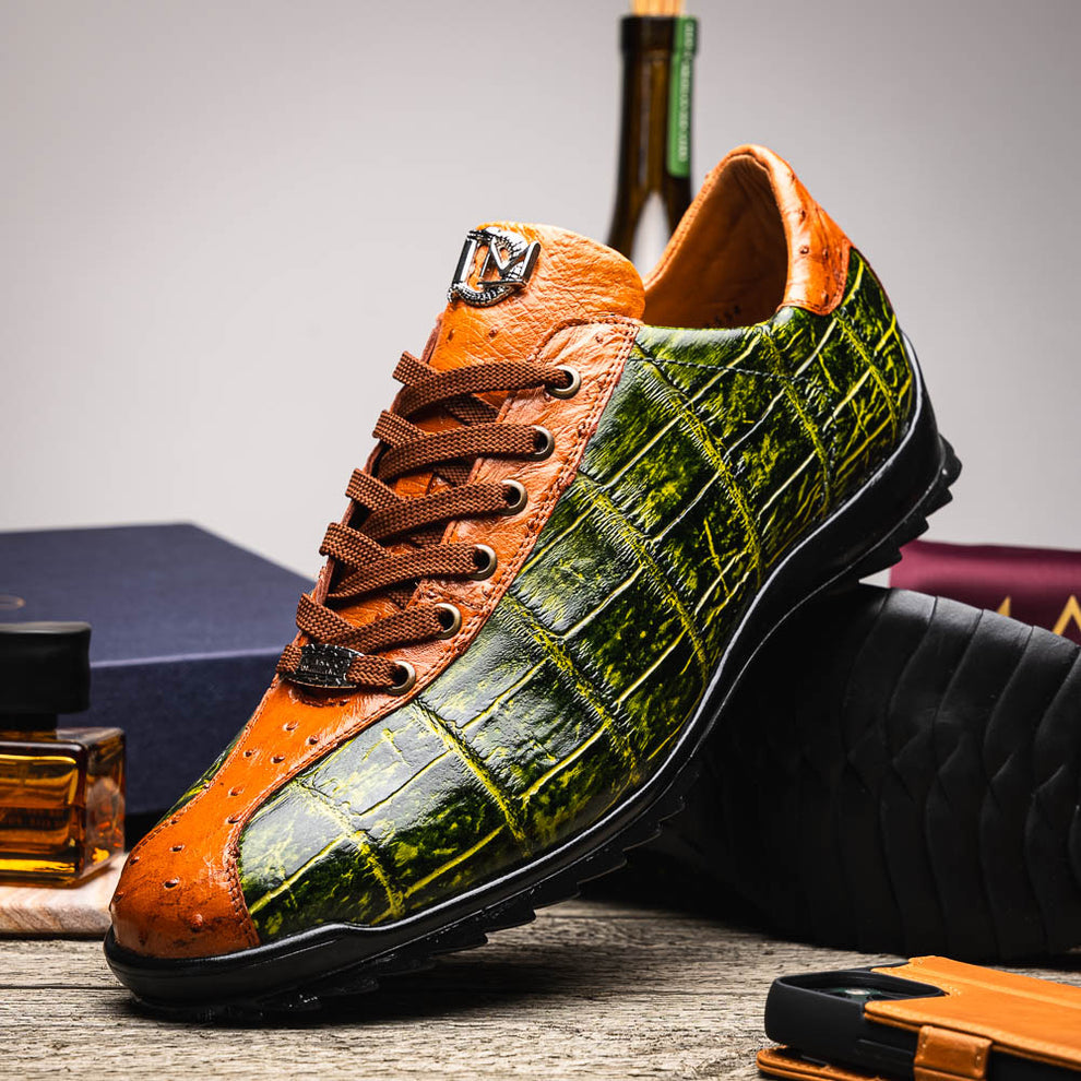Marco Di Milano Saulo Men's Shoes Green & Cognac Exotic Ostrich / Alligator Casual Sneakers (MDM1045)