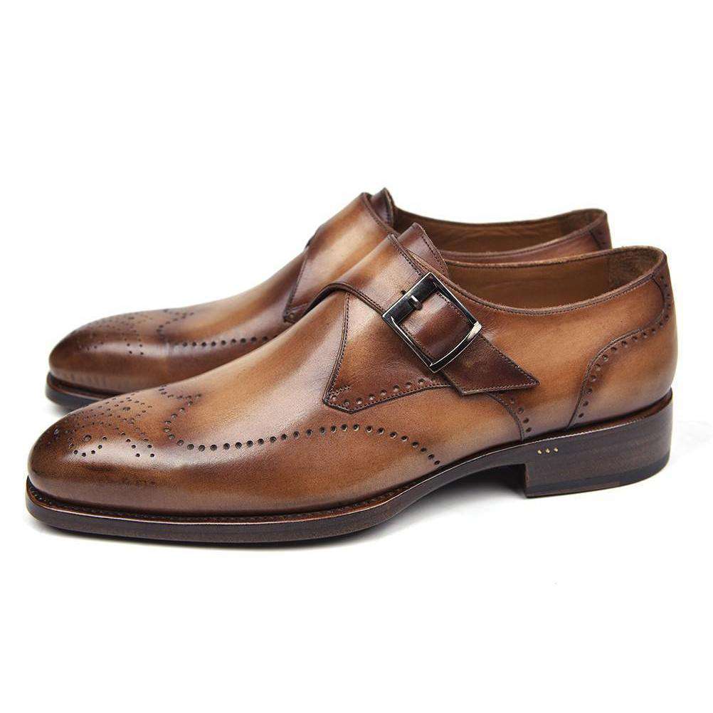 Paul Parkman Handmade Designer Shoes Men's Wingtip Single Monkstraps Brown & Camel Loafers (PM5512)